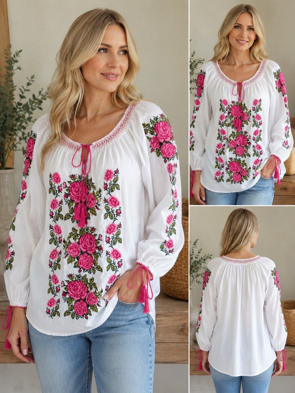 Royal Moda Women’s 2X White Cotton Embroidered Floral Blouse Pink Roses Boho